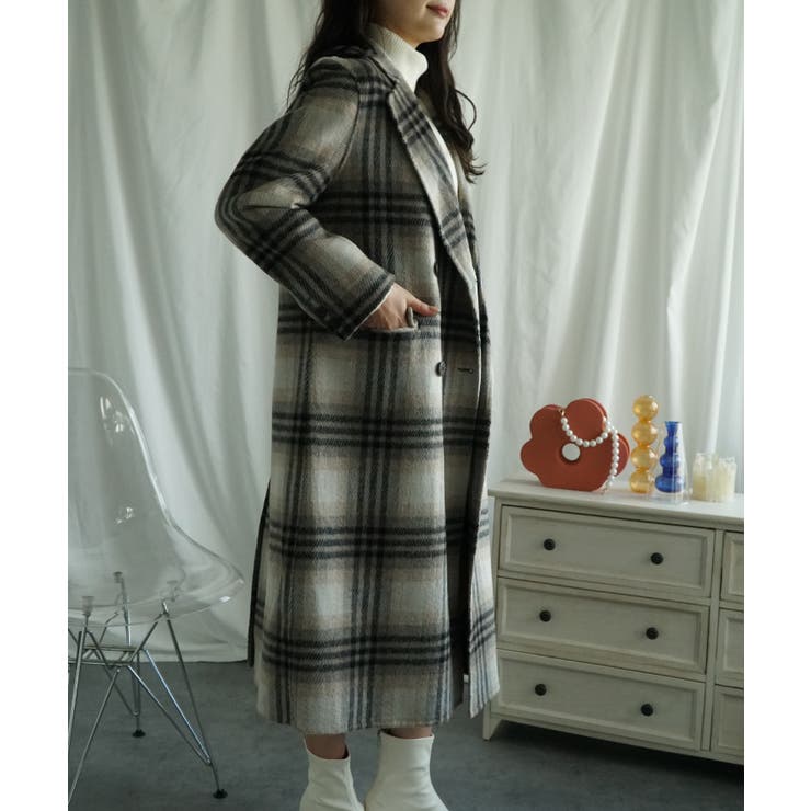 ウールチェック柄ロングコート【AW】[品番：XT000011381]｜aimoha