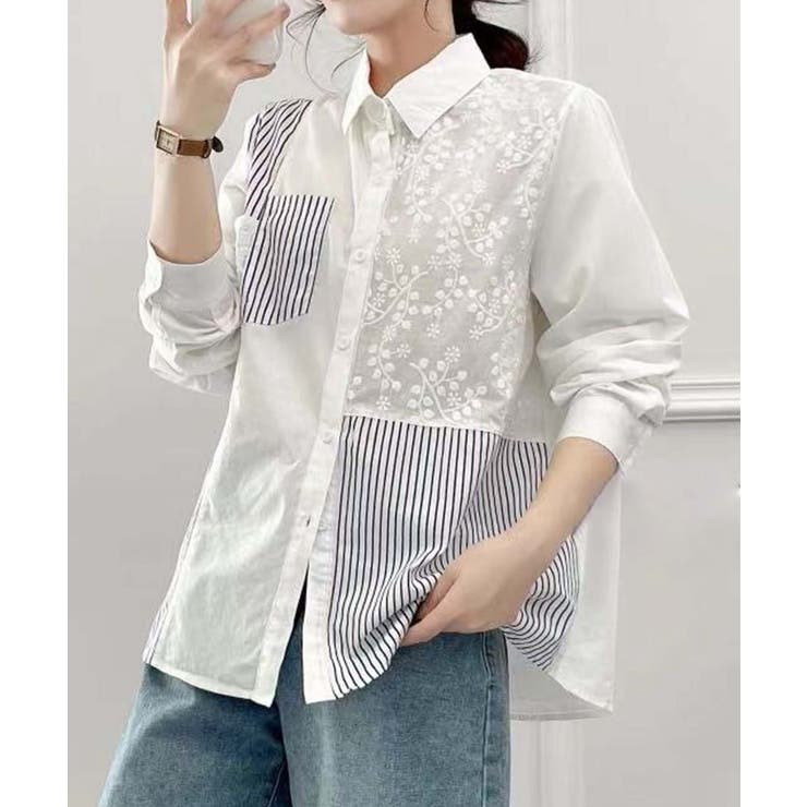 ホワイト | レース＆ストライプ切替オーバーシャツ | aimoha 