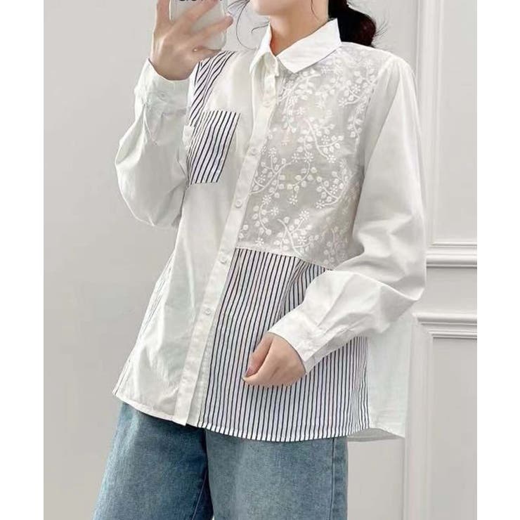 レース＆ストライプ切替オーバーシャツ | aimoha  | 詳細画像1 