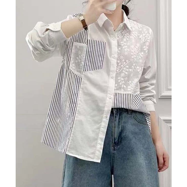 レース＆ストライプ切替オーバーシャツ | aimoha  | 詳細画像4 