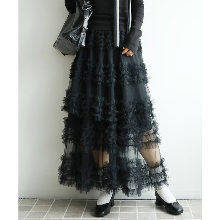 ブラック | フリルティアードチュールスカート | aimoha 