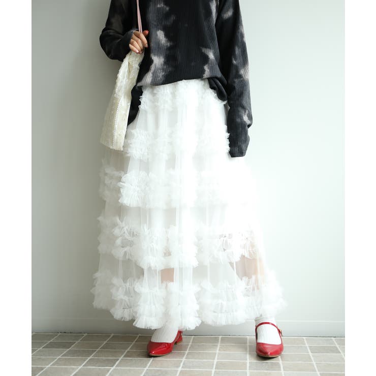 オフホワイト | フリルティアードチュールスカート | aimoha 