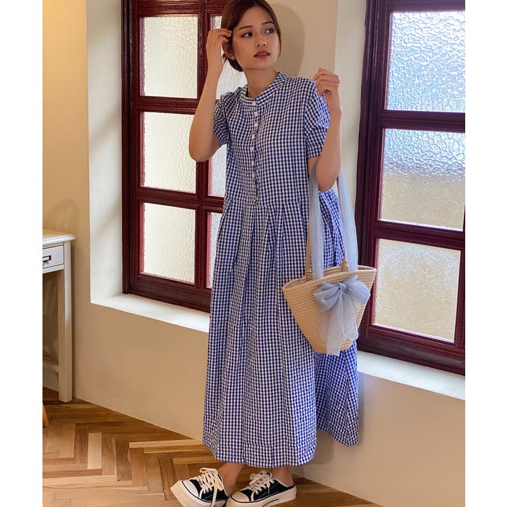 ブルー | チェック柄ロングワンピース | aimoha 