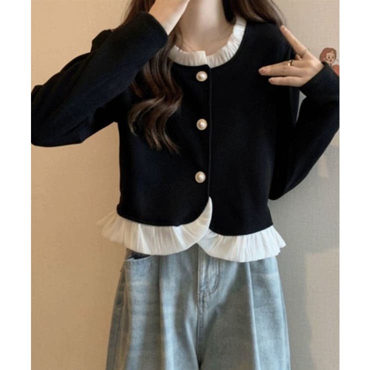 ブラック | フリル付きボタンカーディガン | aimoha 