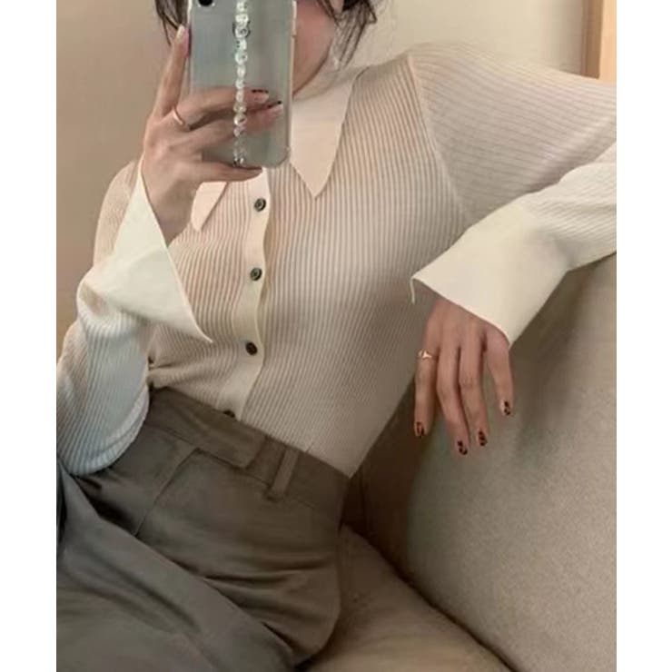 オフホワイト | 襟付きリブニットトップス | aimoha 