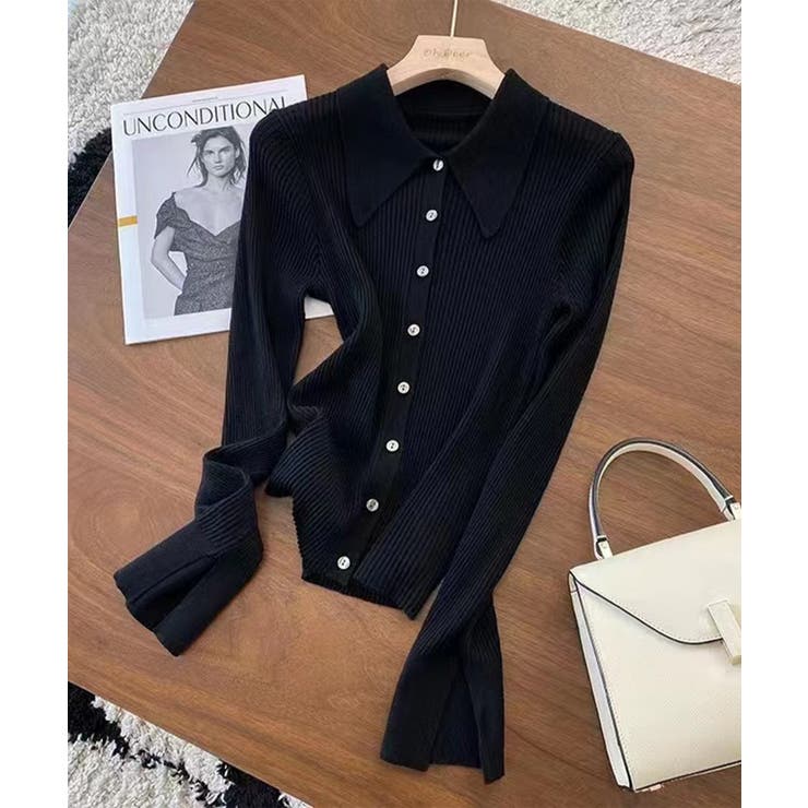 ブラック | 襟付きリブニットトップス | aimoha 