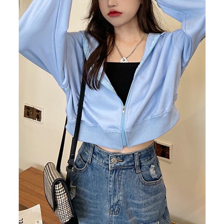 ブルー | 在庫限り シンプルショートパーカー 韓国ファッション | aimoha 