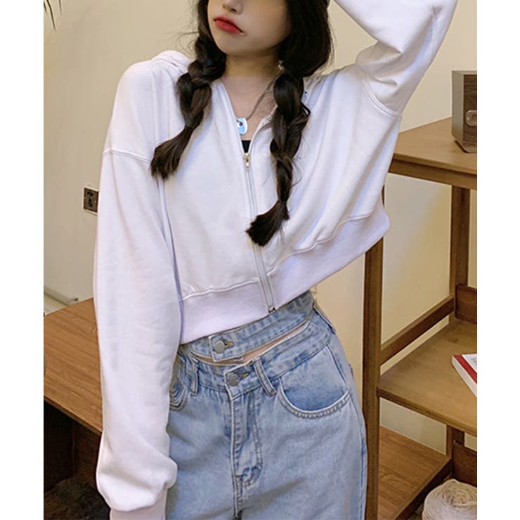 ホワイト | 在庫限り シンプルショートパーカー 韓国ファッション | aimoha 