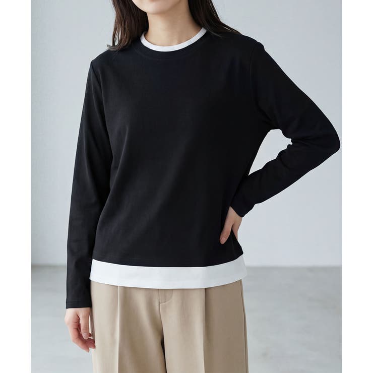 ブラック | バイカラークルーネックニットプルオーバー | aimoha 