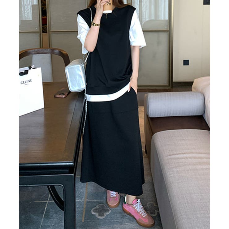 ブラック | 配色レイヤード風 トップス×スカート | aimoha 