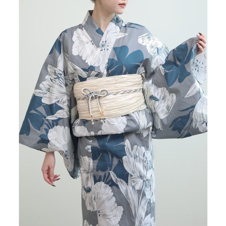 S | 花模様コットン浴衣4点セット ゆかた・へこ帯・下駄・髪飾り | aimoha 
