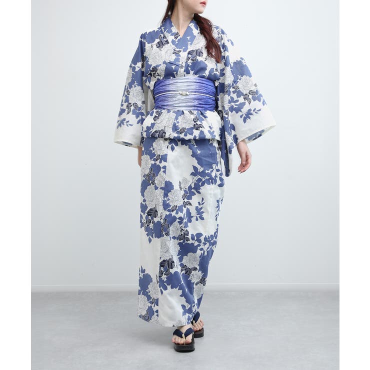 V | 花模様コットン浴衣4点セット ゆかた・へこ帯・下駄・髪飾り | aimoha 
