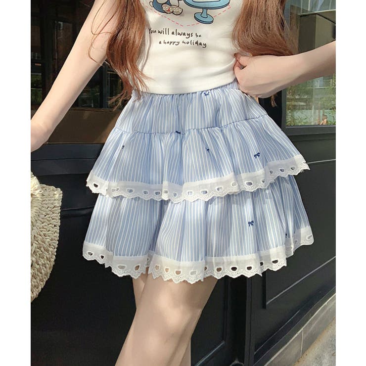 ライトブルー | ストライプティアード レースミニスカート | HOOK