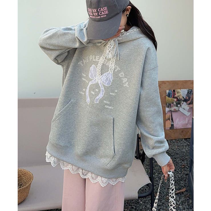 グレー | リボンプリントパーカー | aimoha 