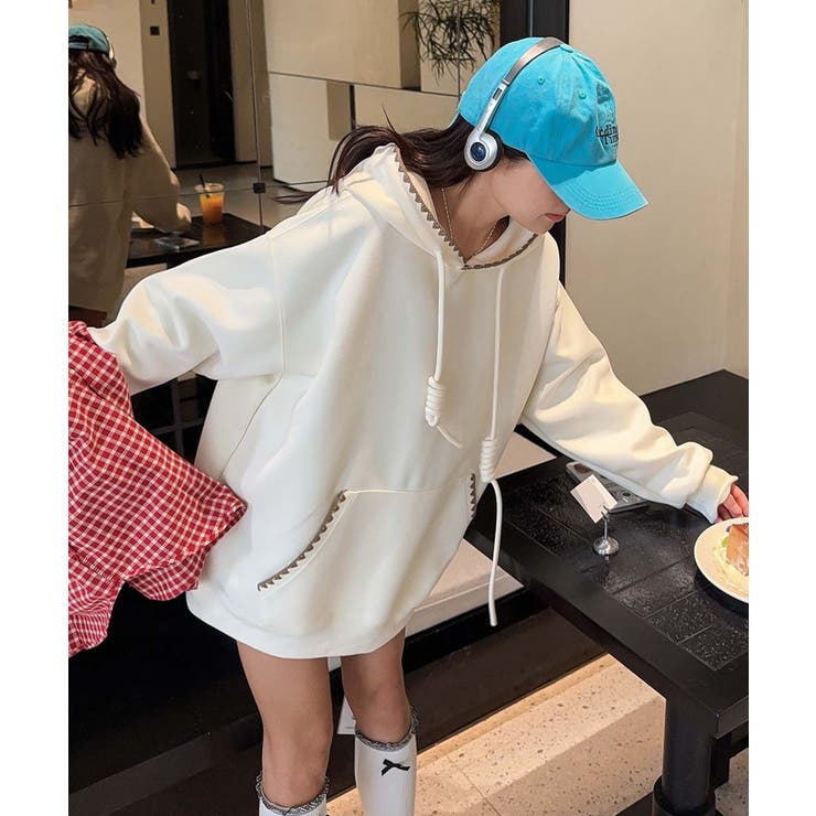 ライトベージュ | 配色ステッチパーカー | aimoha 