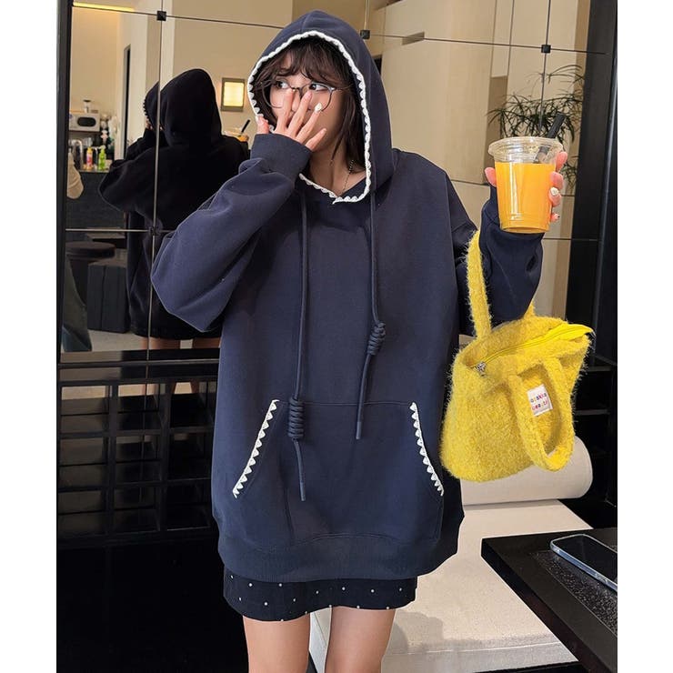 ネイビー | 配色ステッチパーカー | aimoha 