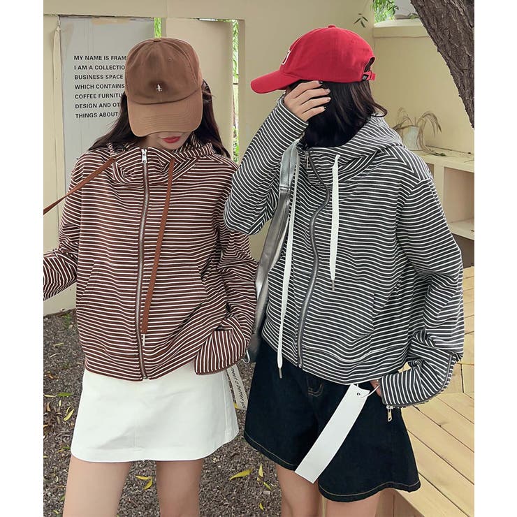 ボーダー柄ジップアップ パーカー | aimoha  | 詳細画像1 