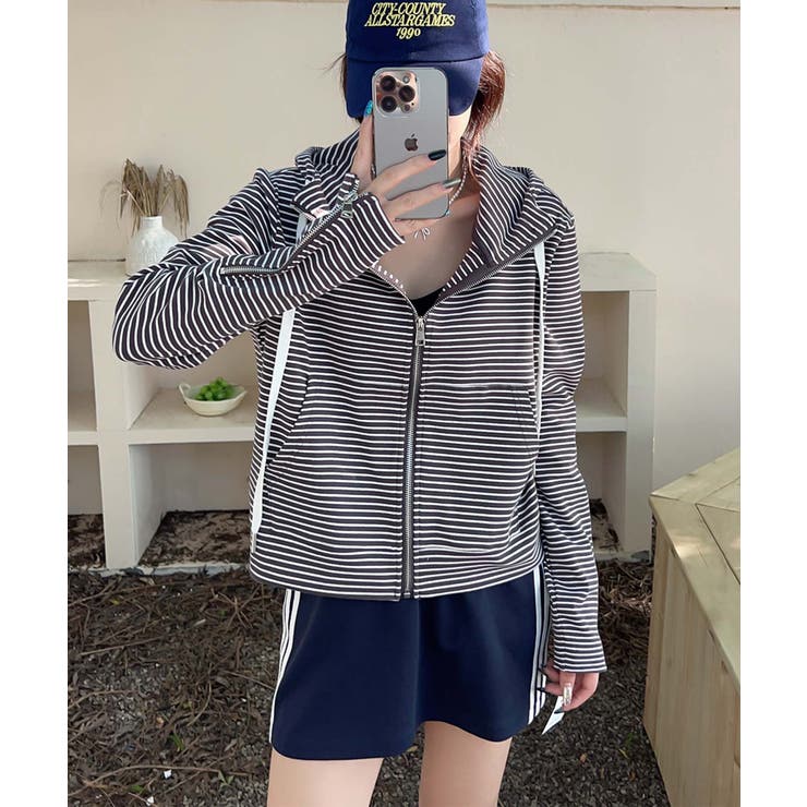 ダークグレー | ボーダー柄ジップアップ パーカー | aimoha 