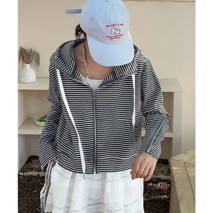 ライトグレー | ボーダー柄ジップアップ パーカー | aimoha 