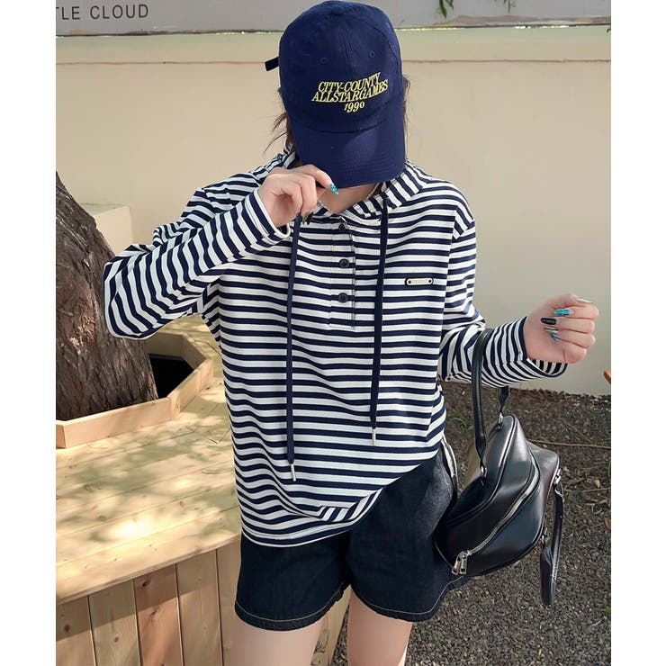 ネイビー | ボーダーボタンパーカー | aimoha 