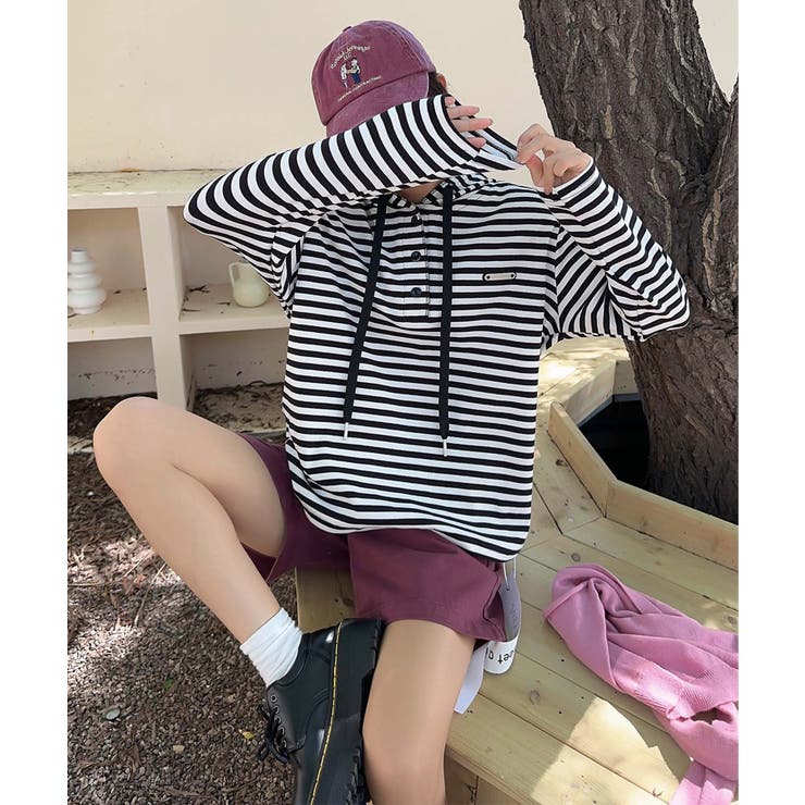 ブラック | ボーダーボタンパーカー | aimoha 