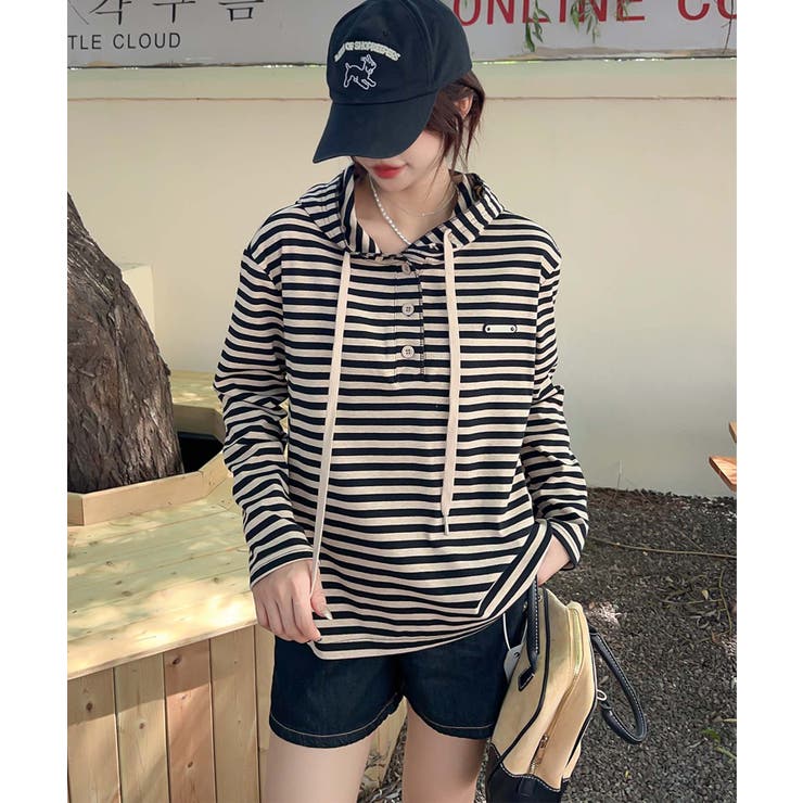 ベージュ | ボーダーボタンパーカー | aimoha 