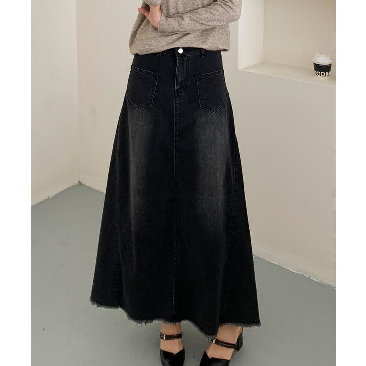 ブラック | ハイウエスト デニム ロングスカート | aimoha 