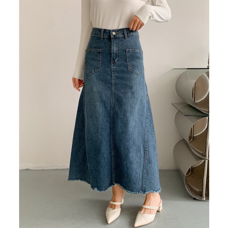 ブルー | ハイウエスト デニム ロングスカート | aimoha 