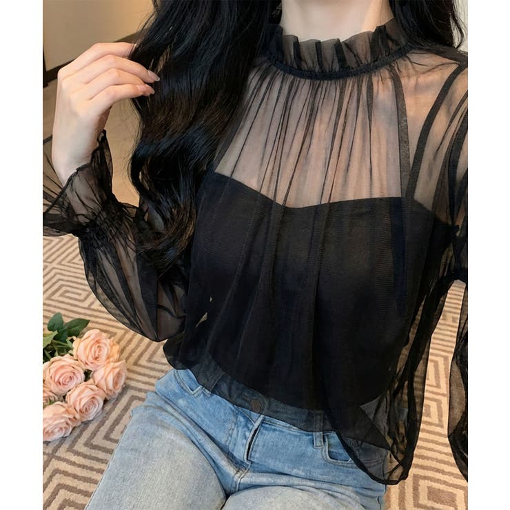 ブラック | シアーギャザー ハイネックブラウス (SS) | aimoha 