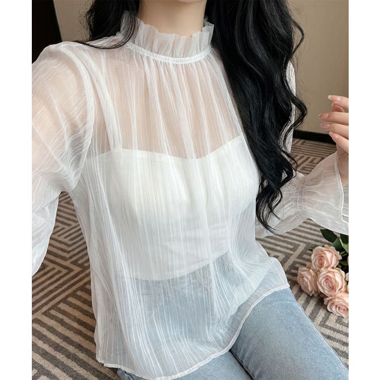 ホワイト | シアーギャザー ハイネックブラウス (SS) | aimoha 