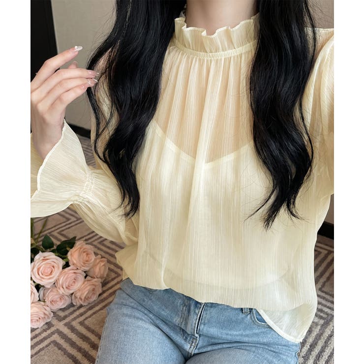 ライトベージュ | シアーギャザー ハイネックブラウス (SS) | aimoha 