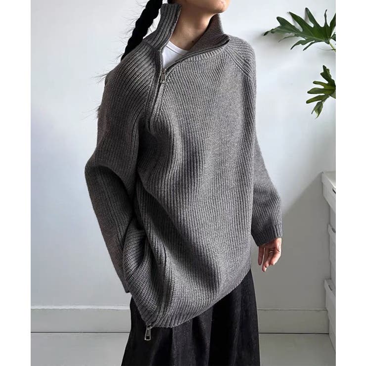 斜めファスナー アシンメトリーニットトップス（ダブルジップ仕様