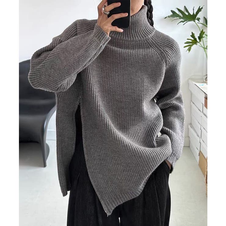 斜めファスナー アシンメトリーニットトップス（ダブルジップ仕様