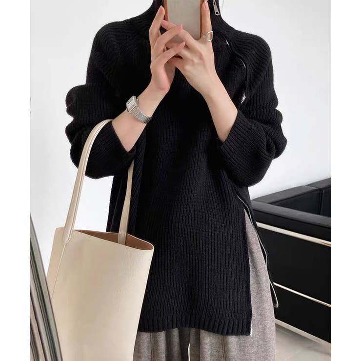 斜めファスナー アシンメトリーニットトップス（ダブルジップ仕様