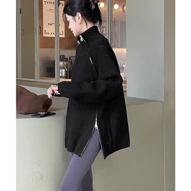 斜めファスナー アシンメトリーニットトップス（ダブルジップ仕様