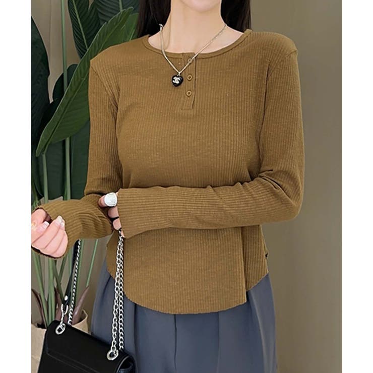 イエロー | 長袖ヘンリーネックリブTシャツ | aimoha 