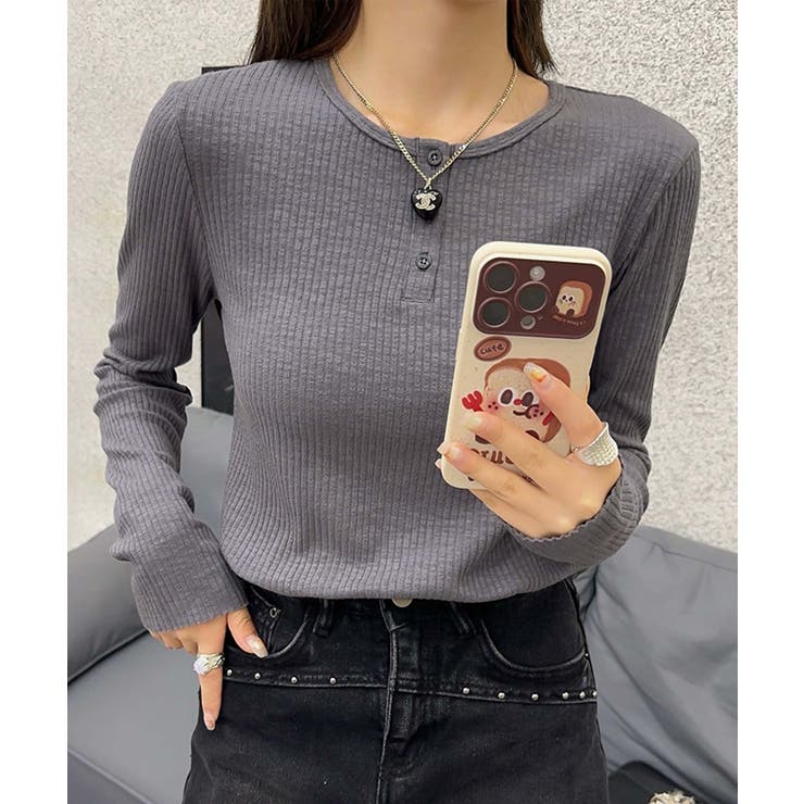 グレー | 長袖ヘンリーネックリブTシャツ | aimoha 