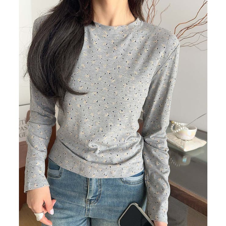 グレー | 花柄プリント長袖Tシャツ | aimoha 