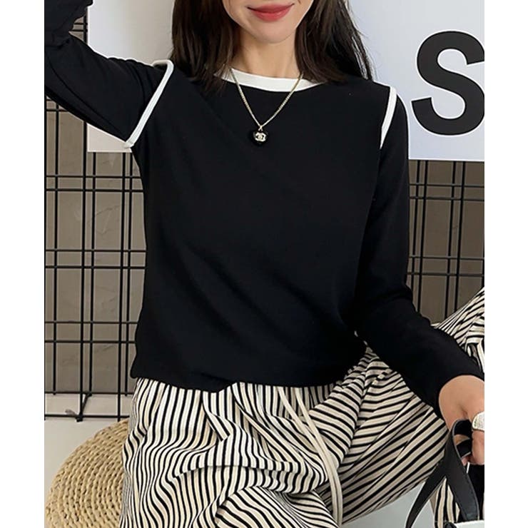ブラック | ラインデザインシンプル長袖Tシャツ | aimoha 