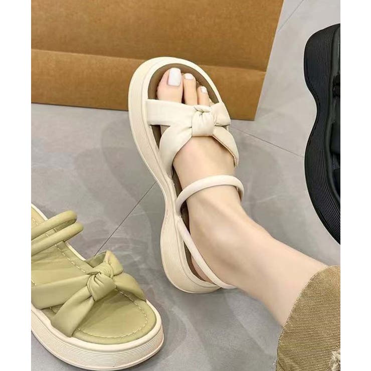オフホワイト | 【shoes 365】リボンデザインダブルストラップ厚底サンダル | aimoha 