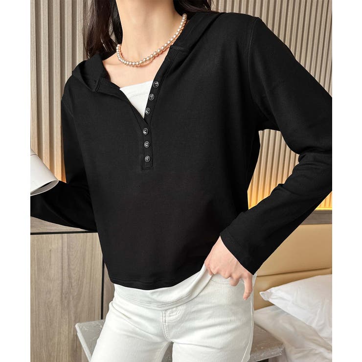 ブラック | ボタンデザインフード長袖トップス | aimoha 