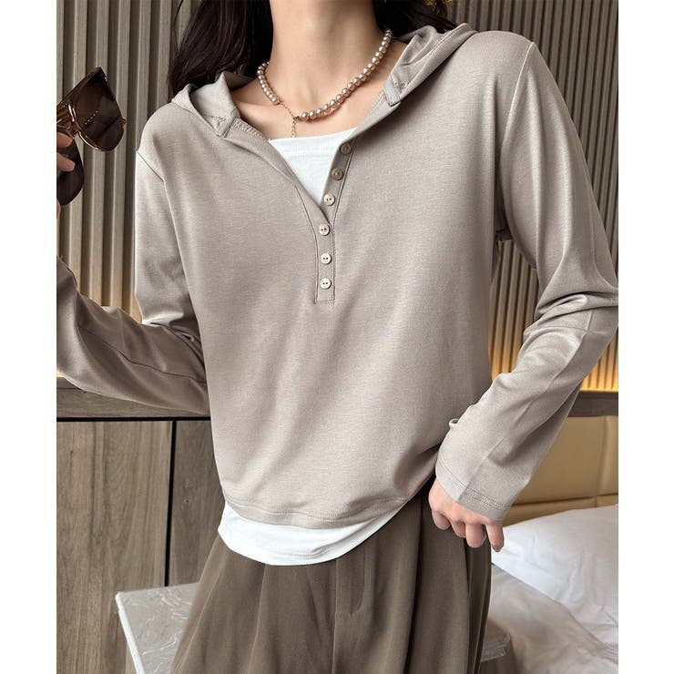 ボタンデザインフード長袖トップス | aimoha  | 詳細画像2 