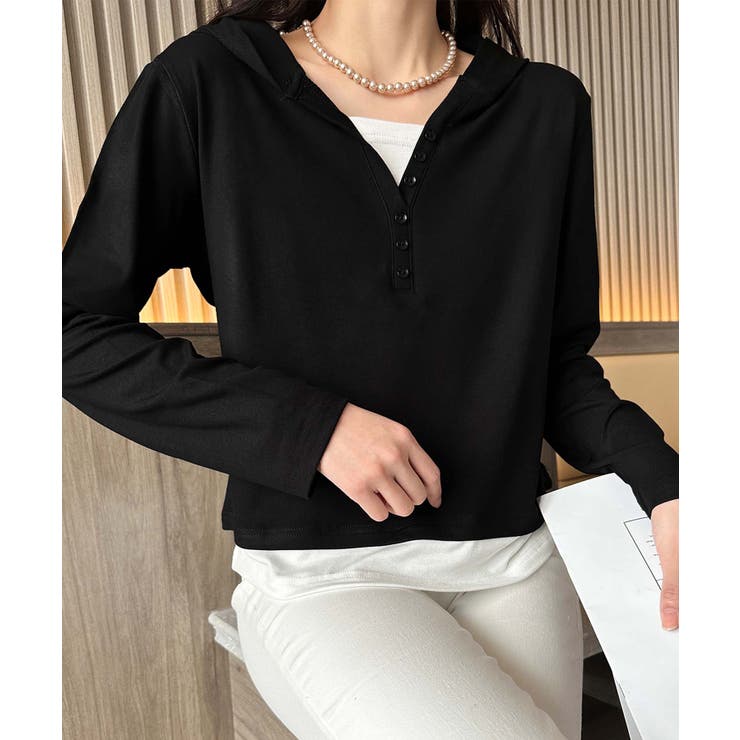 ボタンデザインフード長袖トップス | aimoha  | 詳細画像5 