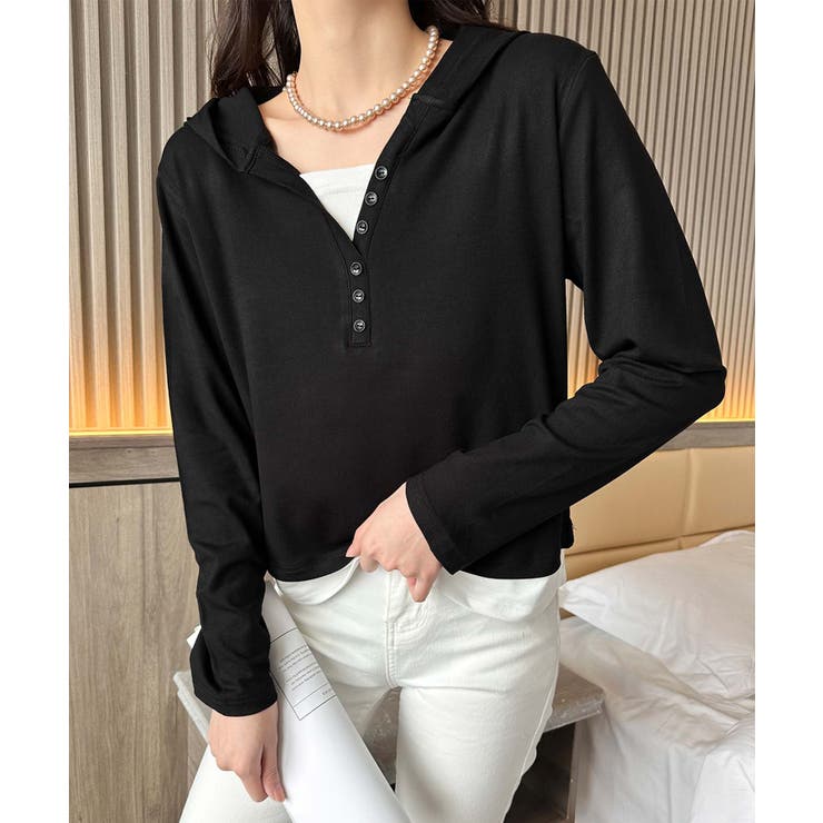 ボタンデザインフード長袖トップス | aimoha  | 詳細画像6 