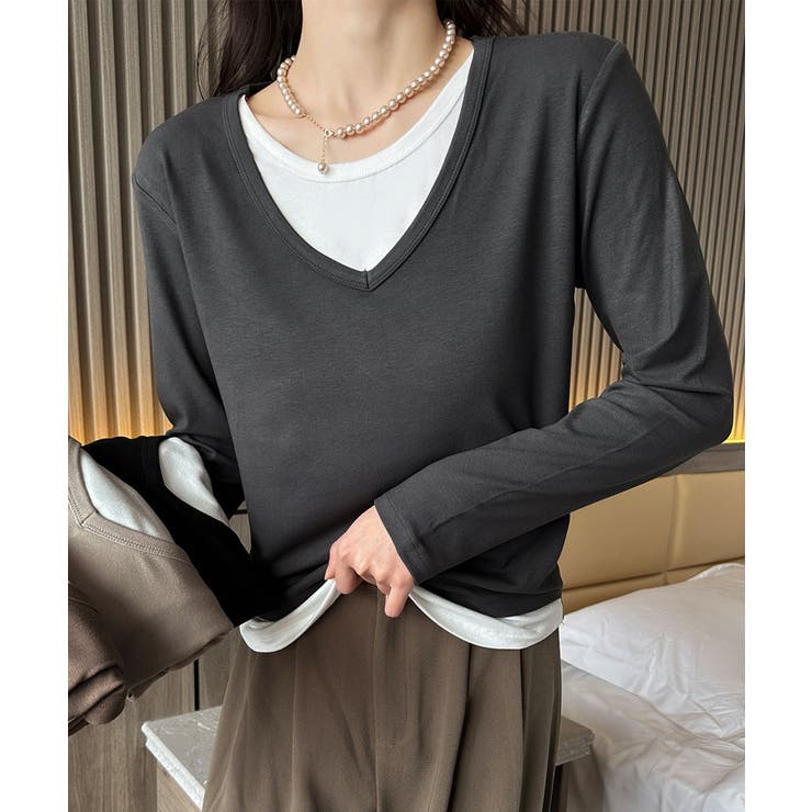 ダークグレー | 【Banico】Vネックシンプル長袖トップス | aimoha 