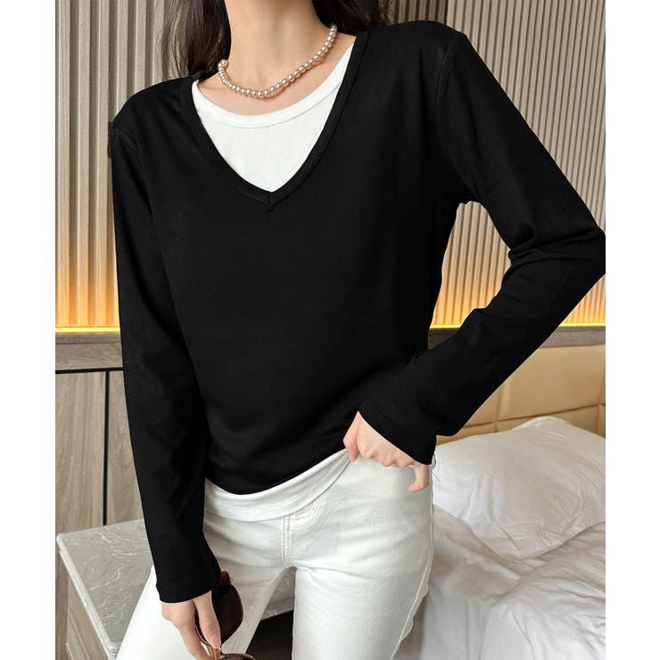 ブラック | 【Banico】Vネックシンプル長袖トップス | aimoha 