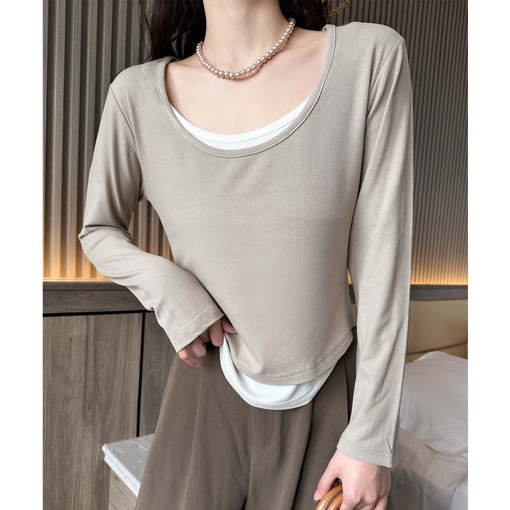 ベージュ | レイヤード風デザイン長袖Tシャツ | aimoha 