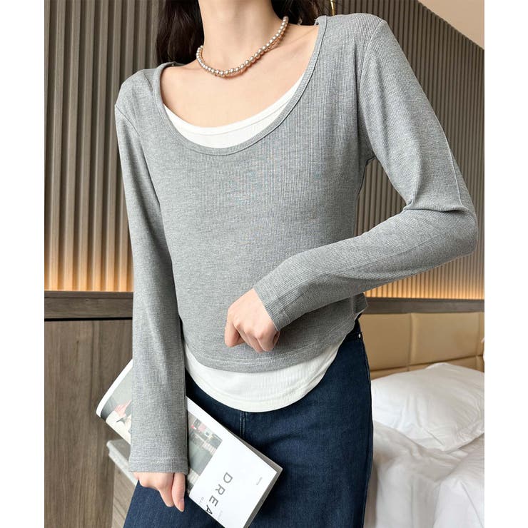 ライトグレー | レイヤード風デザイン長袖Tシャツ | aimoha 