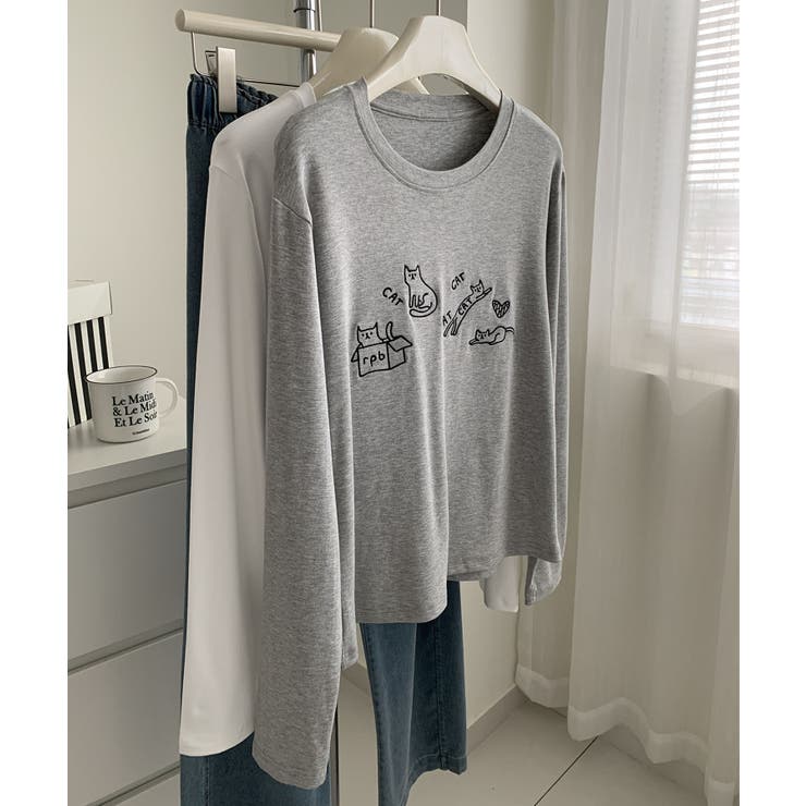 グレー | キャット刺繍ロングスリーブTシャツ | aimoha 