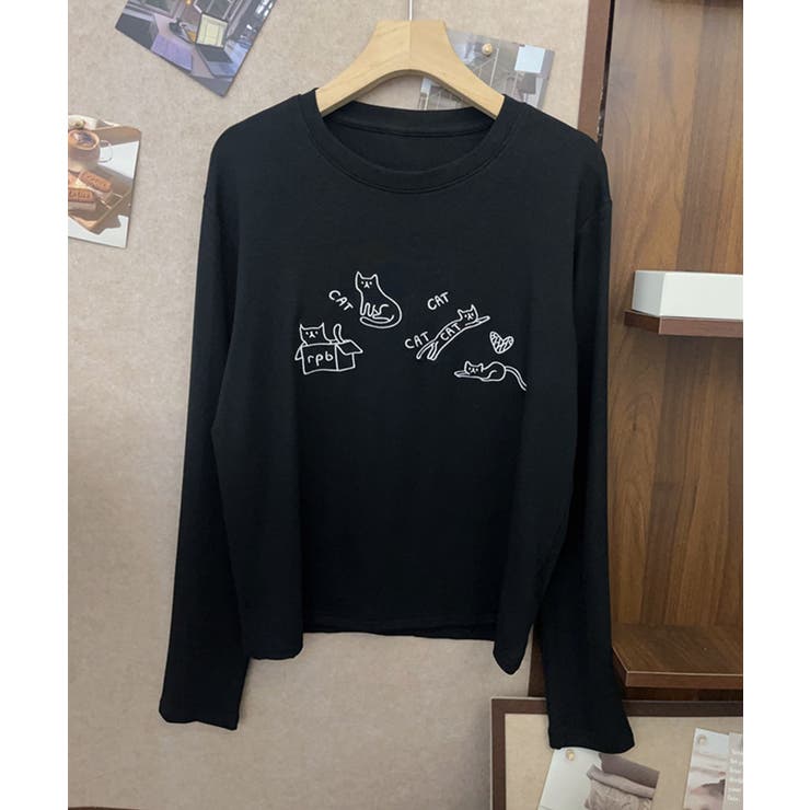 ブラック | キャット刺繍ロングスリーブTシャツ | aimoha 